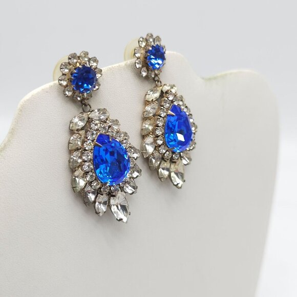 Vintage 1980s Blue Clear Rhinestone Bling Drop Earrings Silver Tone Backing - Picture 2 of 5